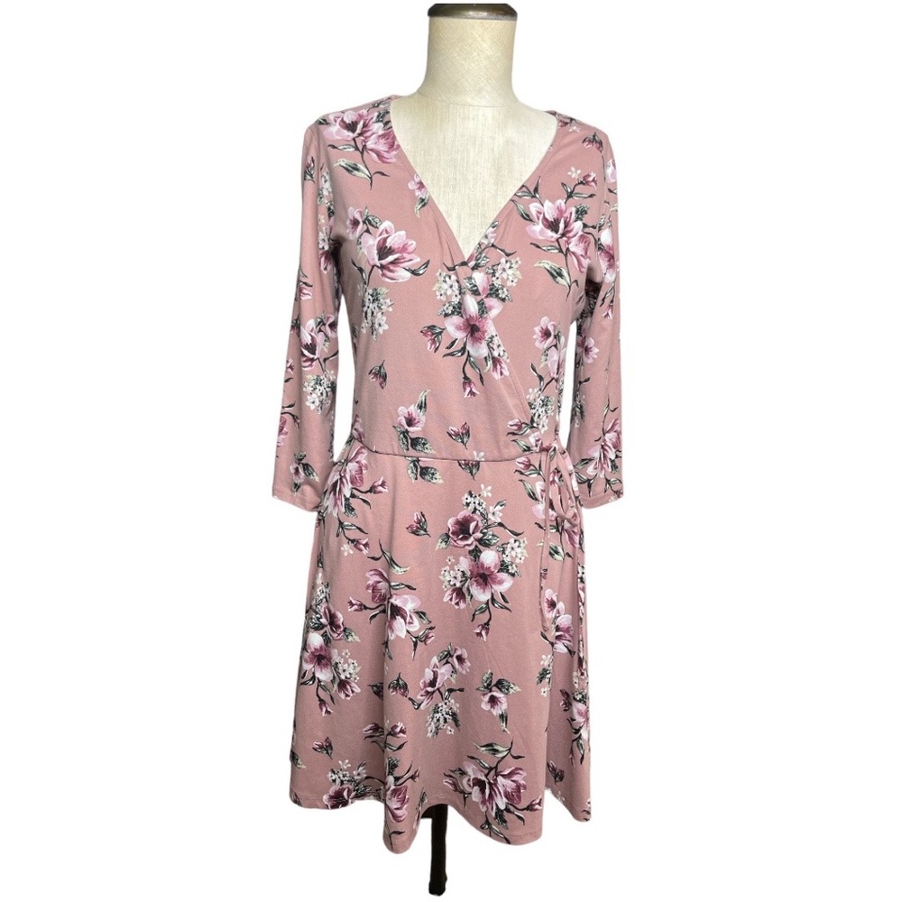 A. BYER MAUVE FLORAL LONG SLEEVE FAUX WRAP DRESS SIZE LARGE